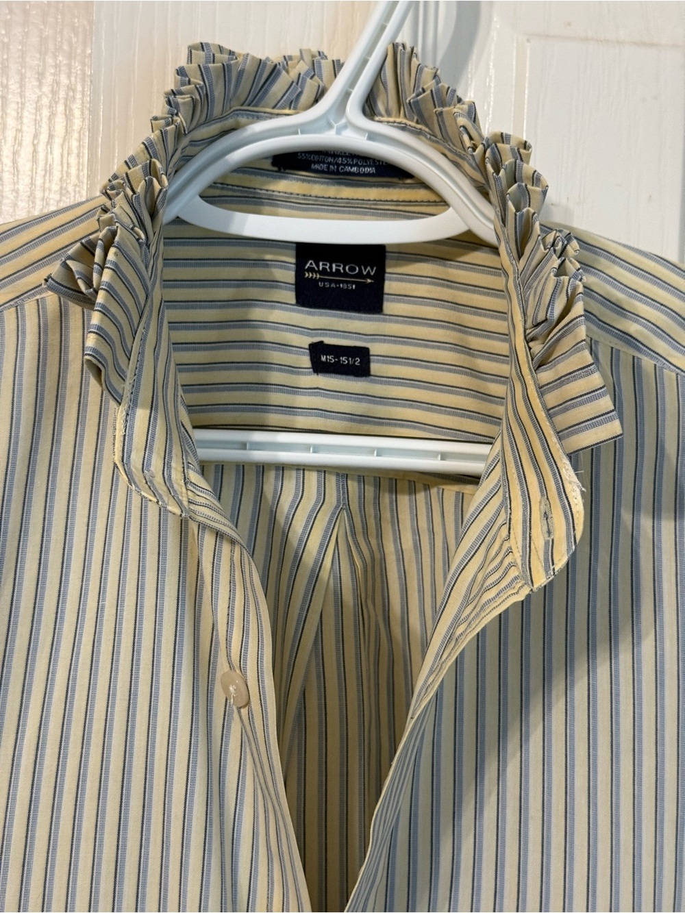 Woman’s Ruffle Collar Yellow and Navy Striped Shirt
